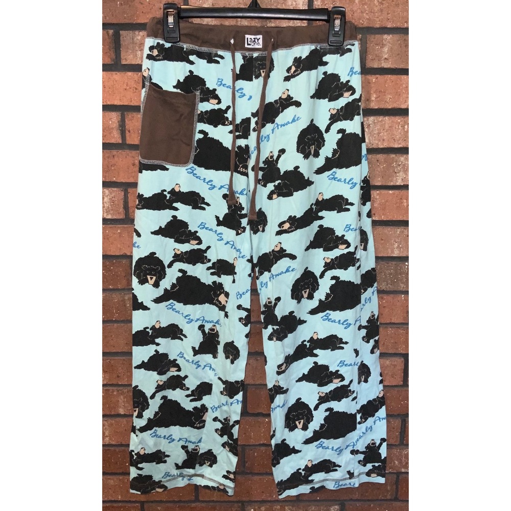Lazy One Bearly Awake Blue Cotton Yoga Pajama Pants Small Bear Print PJs Size S